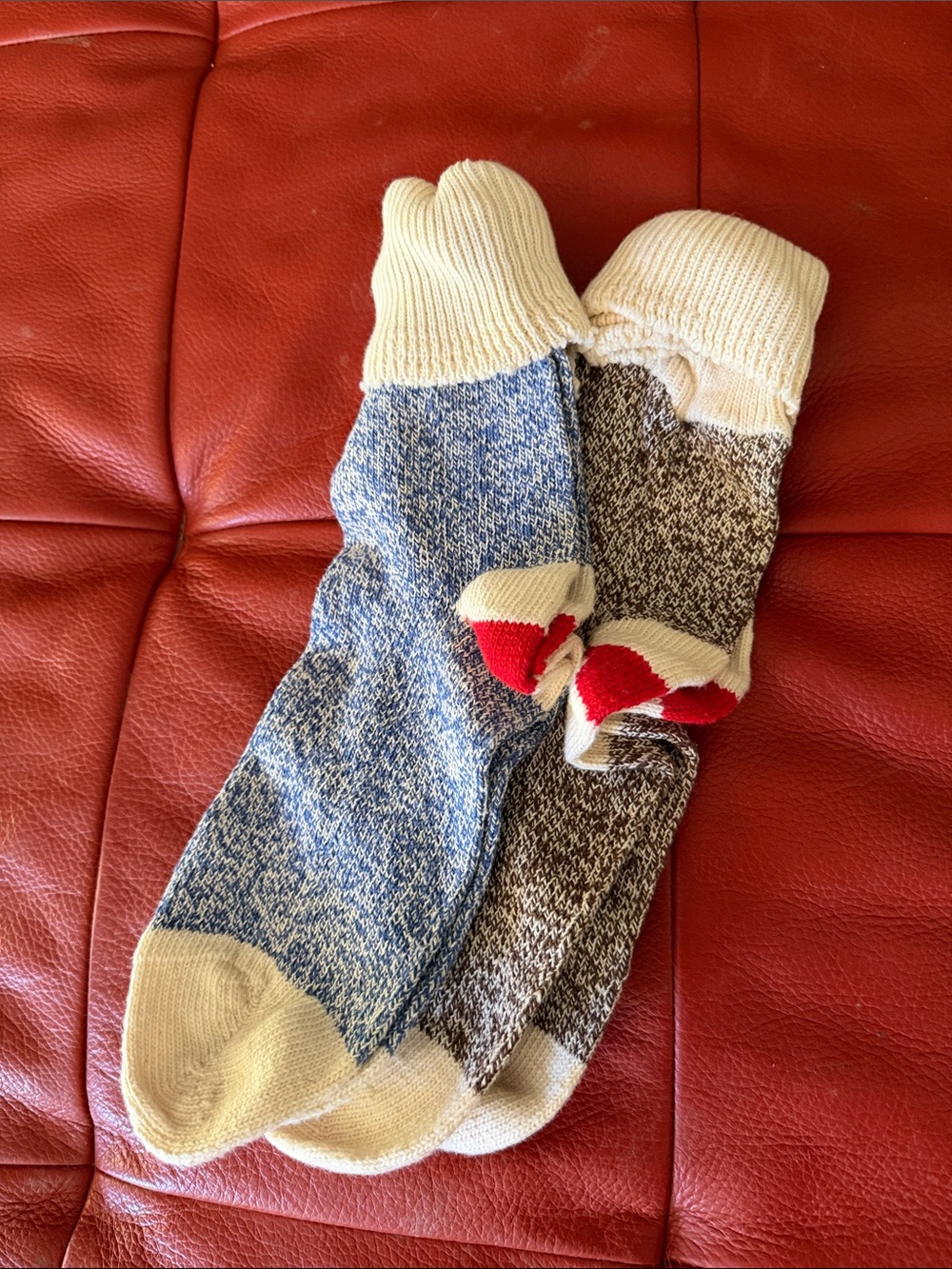 Sock Monkey socks with Cream Cuff and Red Toe Accents - Women size Small